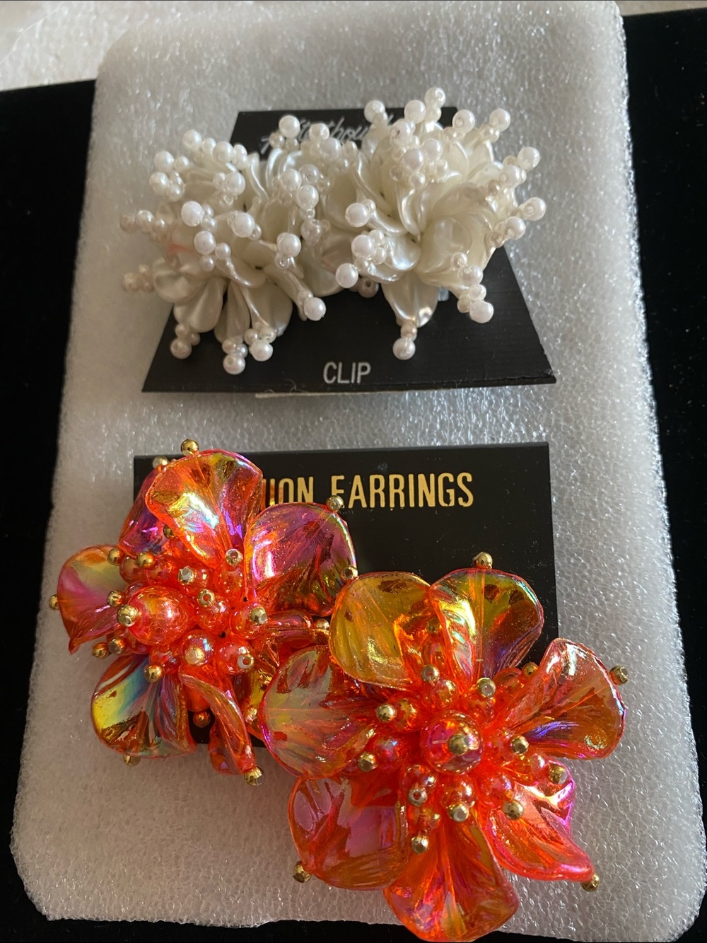 Iridescent Orange Flower Clip-On Earrings & White Flower Earrings